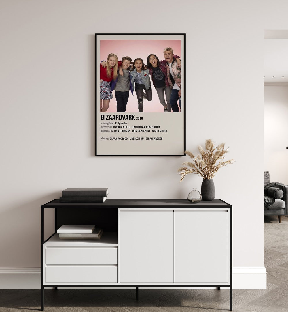 Bizaardvark 2016 Movie Posters in Black Plain Frame hanging on wall above console table