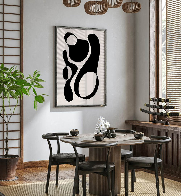 Black And Beige III By Preayna Abstract Art Paintings in Black Plain Frame on a white wall beside a window