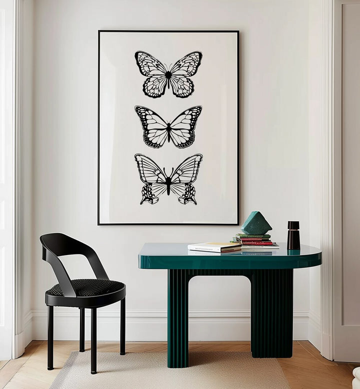 Black Butterflies by Martina Fashion Paintings Fashion Posters  placed on wall 