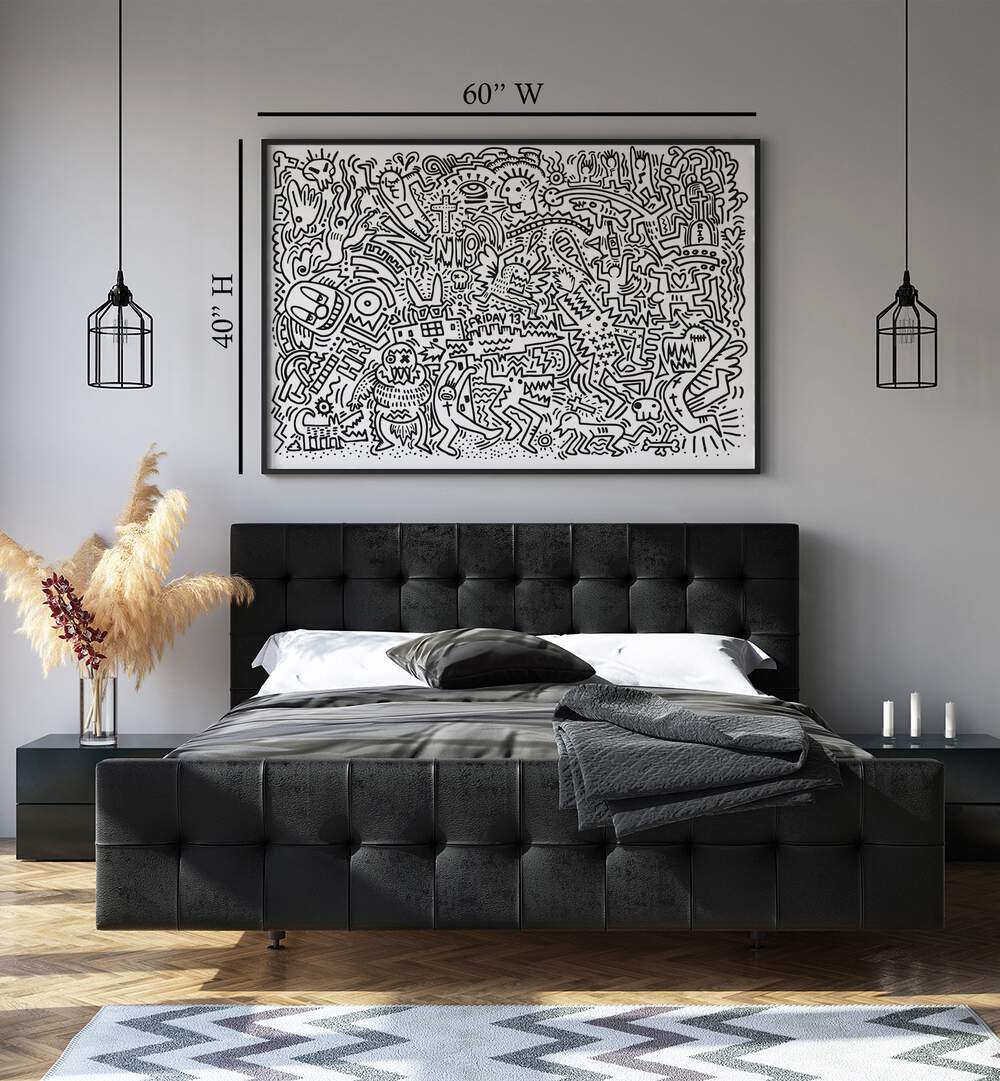 Black By Miho Art Studio  Botanical Prints in Black Plain Frame placed on the wall behind black bed.