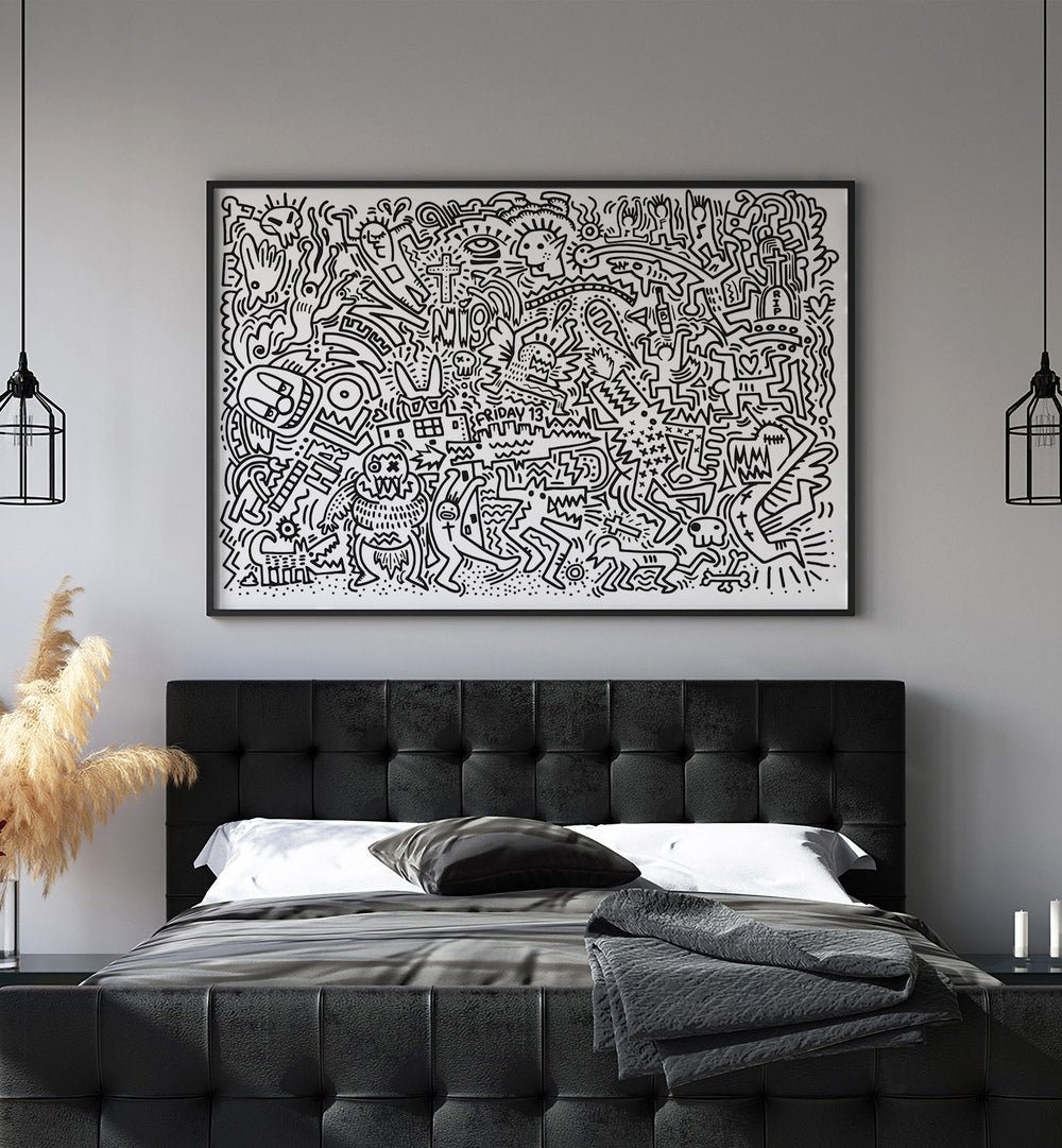 Black By Miho Art Studio  Botanical Prints in Black Plain Frame placed on the wall behind the black bed