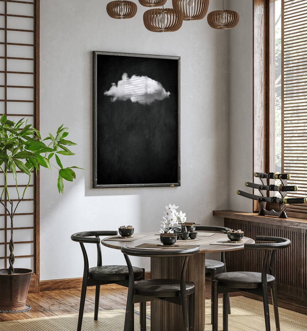 Black Cloud I By Aureous Abstract Paintings Abstract Art Prints in Dark Wood Plain Frame placed on a White Colored Wall near a Coffee Table in the Dining Room