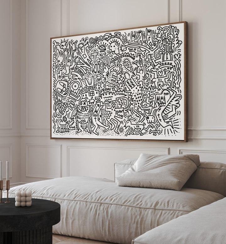 Black Doodle Set Doodle Art Paintings in Oak Wood Floater Frame placed on a wall behind a sofa