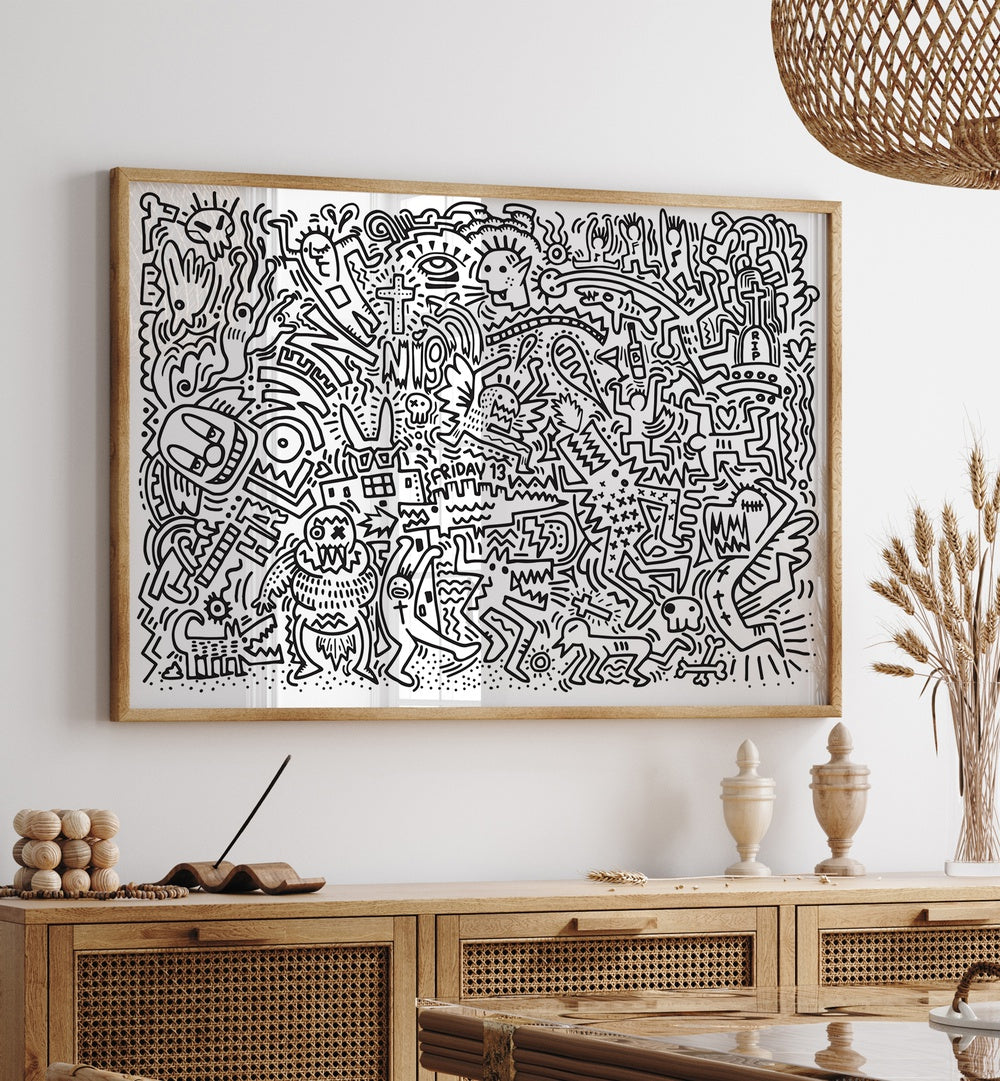 Black Doodle Set Doodle Art Paintings in Oak Wood Plain Frame placed on a wall behind a console table 