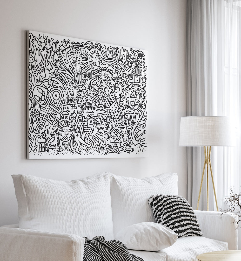 Black Doodle Set Doodle Art Paintings in Gallery Wrap place on a wall behind a white sofa