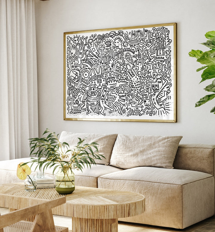 Black Doodle Set Doodle Art Paintings in Gold Plain Frame placed on a wall behind a sofa