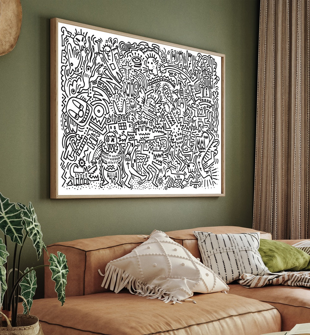 Black Doodle Set Doodle Art Paintings in Oak Wood Floater Frame placed on a wall behind a sofa