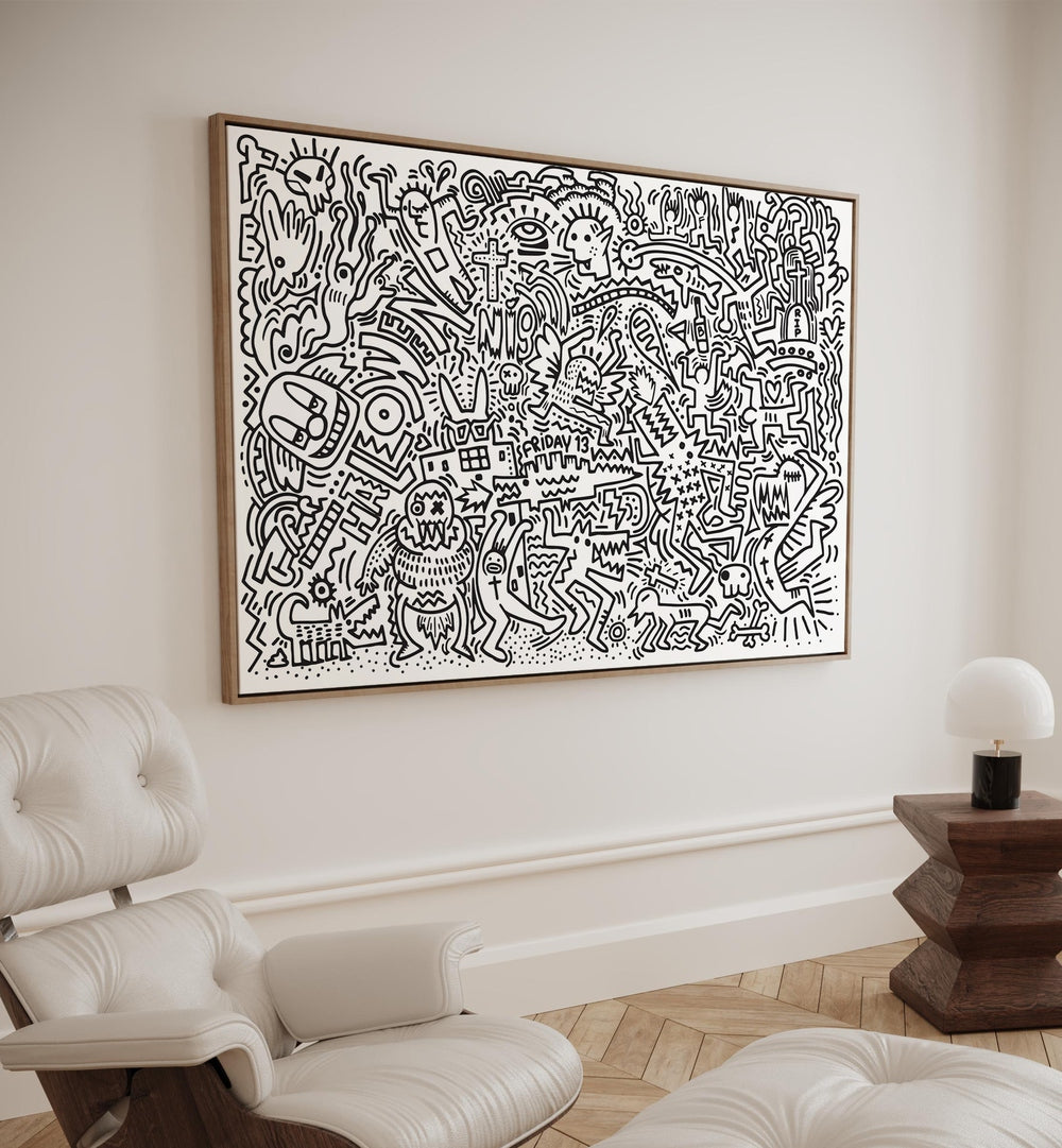 Black Doodle Set Doodle Art Paintings in Oak Wood Floater Frame placed on a wall beside a chair