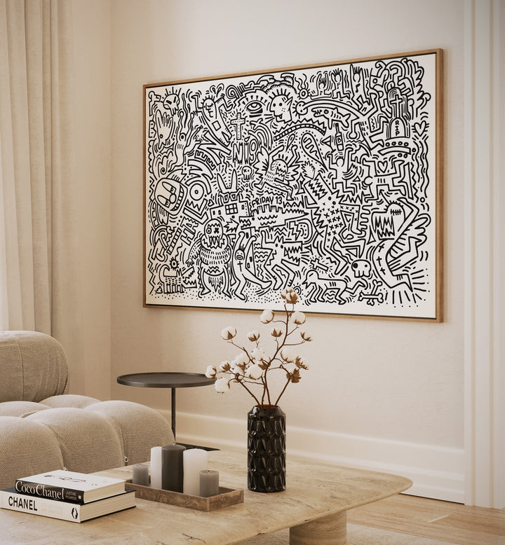 Black Doodle Set Doodle Art Paintings in Oak Wood Floater Frame placed on a wall beside a sofa