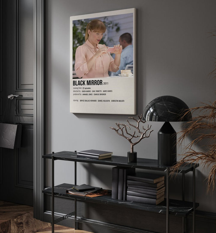 Black Mirror 2011 ii Movie Posters in Gallery Wrap hanging on wall above console table beside door and window