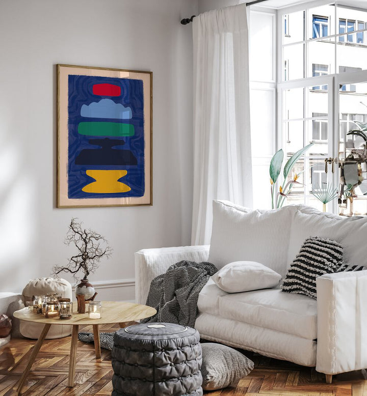 Black Organic Cut Out By Little Dean Abstract Art Abstract Paintings in Oak Wood Plain Frame placed on a White Colored Wall near a White Sofa in the Drawing Room 