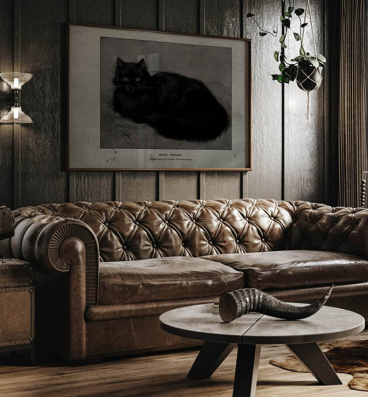 Black Persian Gothic Wall Art Prints in Oak Wood Plain Frame hanging on a wall above brown leather couch beside a window