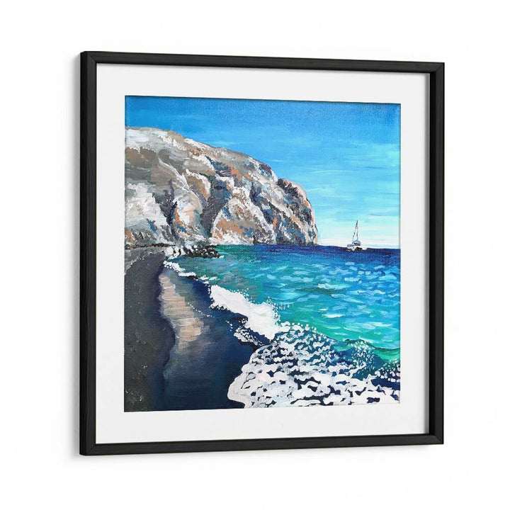 Black Sand Beach By Key And Sea Creative Landscape Artwork in Black Frame With Mount