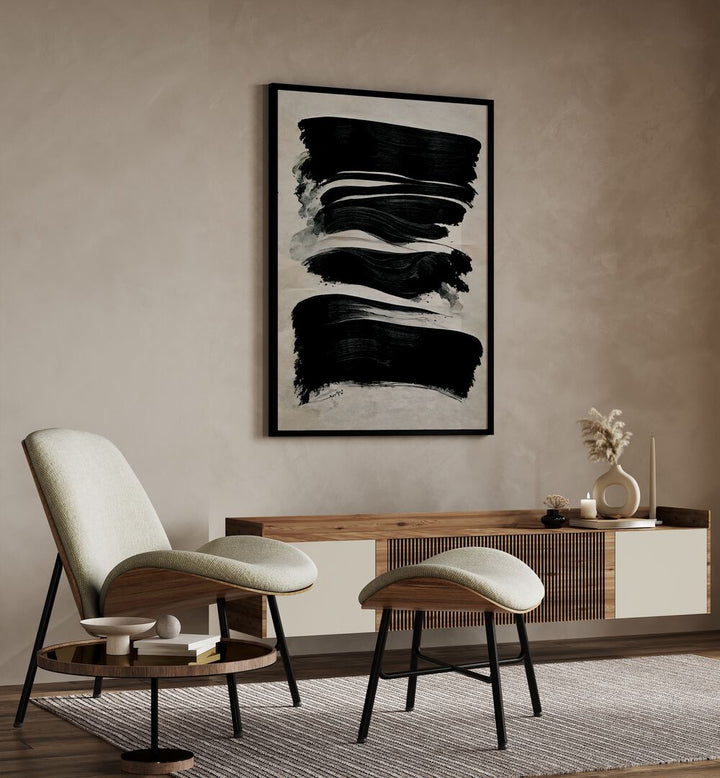 Black Strokes By Treechild Abstract Art Prints in Black Plain Frame placed on a Beige Colored Wall above a Console Table in the Drawing Room