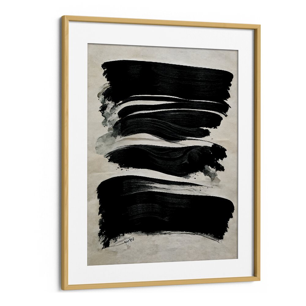 Black Strokes by Treechild Abstract Art Prints in Oak Wood Frame With Mount