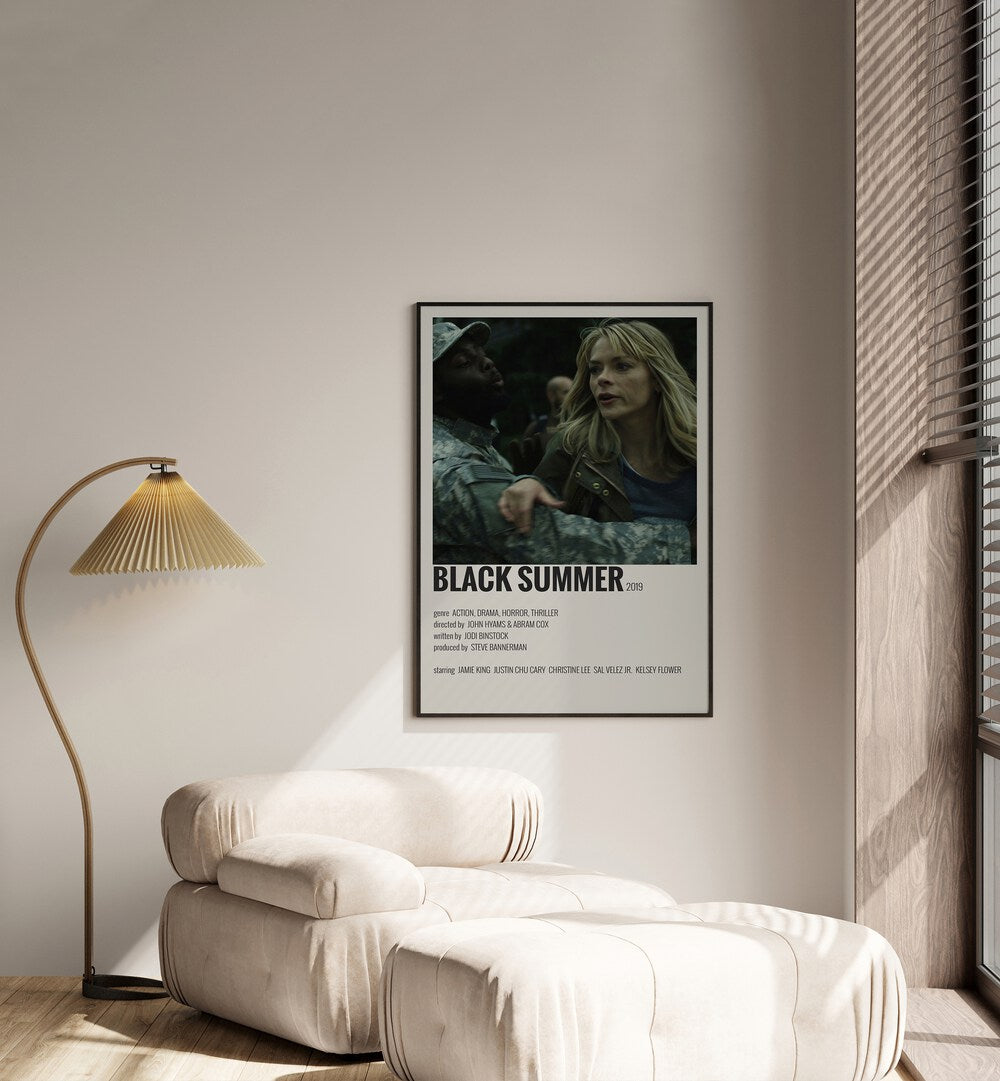 Black Summer Movie Posters in Black Plain Frame placed on a white wall beside a window and behind a sofa