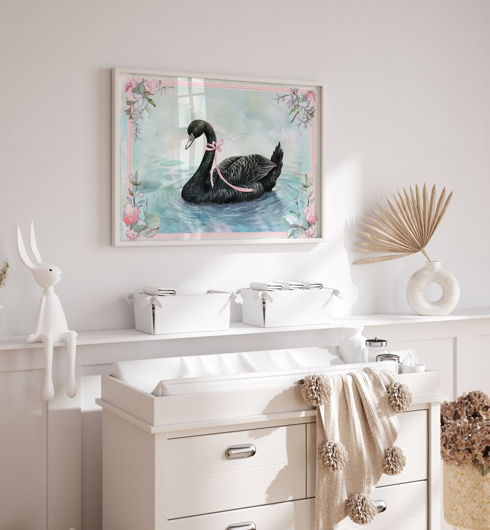 Black Swan Kids Room Paintings Kids Room Wall Art in White Plain Frame placed on a wall in a kids room behind a console table