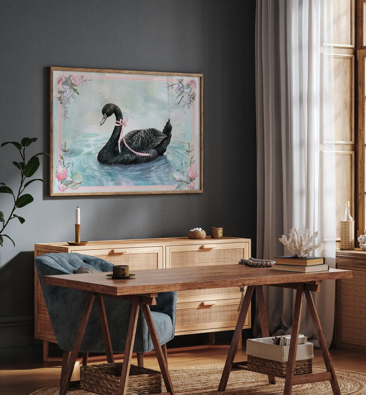 Black Swan Kids Room Paintings Kids Room Wall Art in Dark Wood Plain Frame placed on a wall beside a window and behind a console table