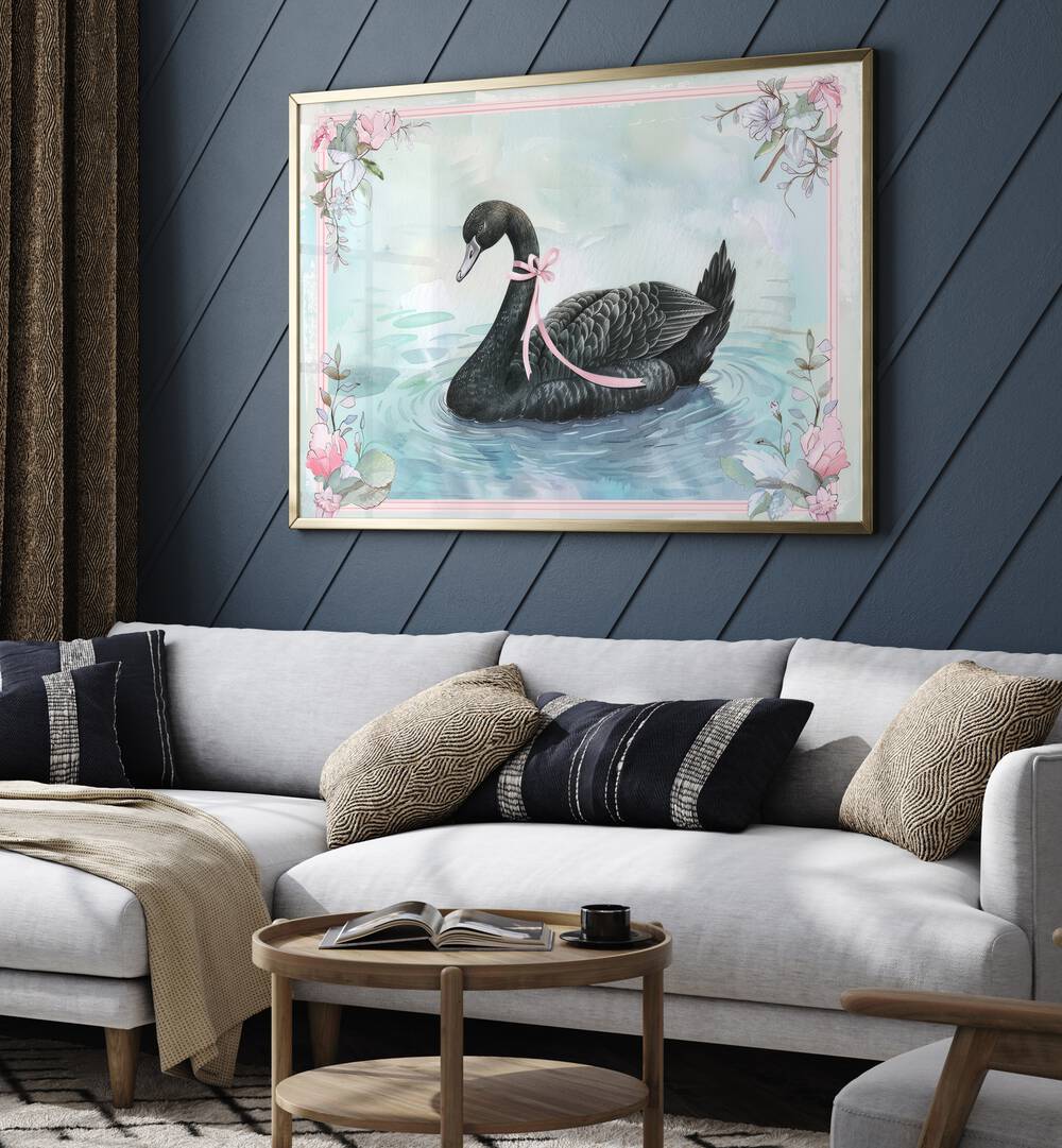 Black Swan Kids Room Paintings Kids Room Wall Art in Gold Plain Frame placed on a wall living room wall behind a sofa