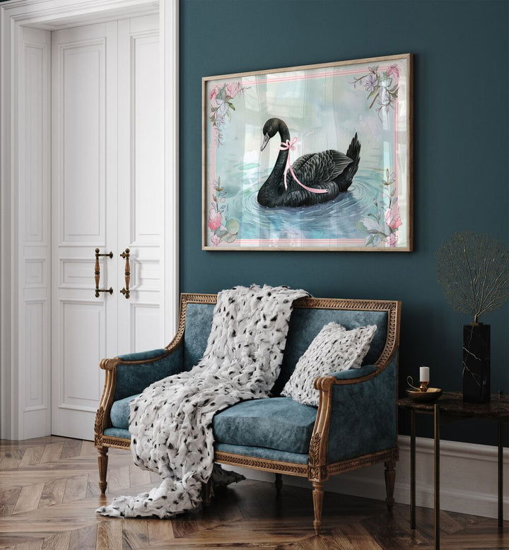 Black Swan Kids Room Paintings Kids Room Wall Art in Oak Wood Plain Frame placed on a wall living room wall behind a sofa and beside a door