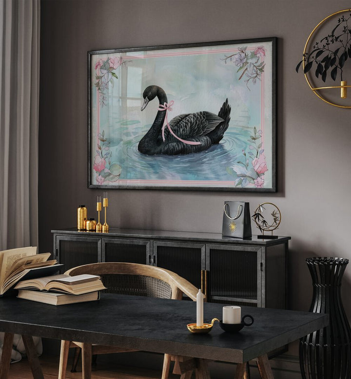 Black Swan Kids Room Paintings Kids Room Wall Art in Black Plain Frame placed on a wall behind a console table