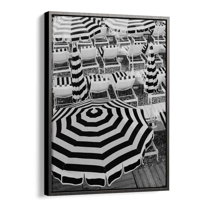 Black and White Beach Umbrellas I By Grace Digital Art Co Beach Prints in Black Floater Frame