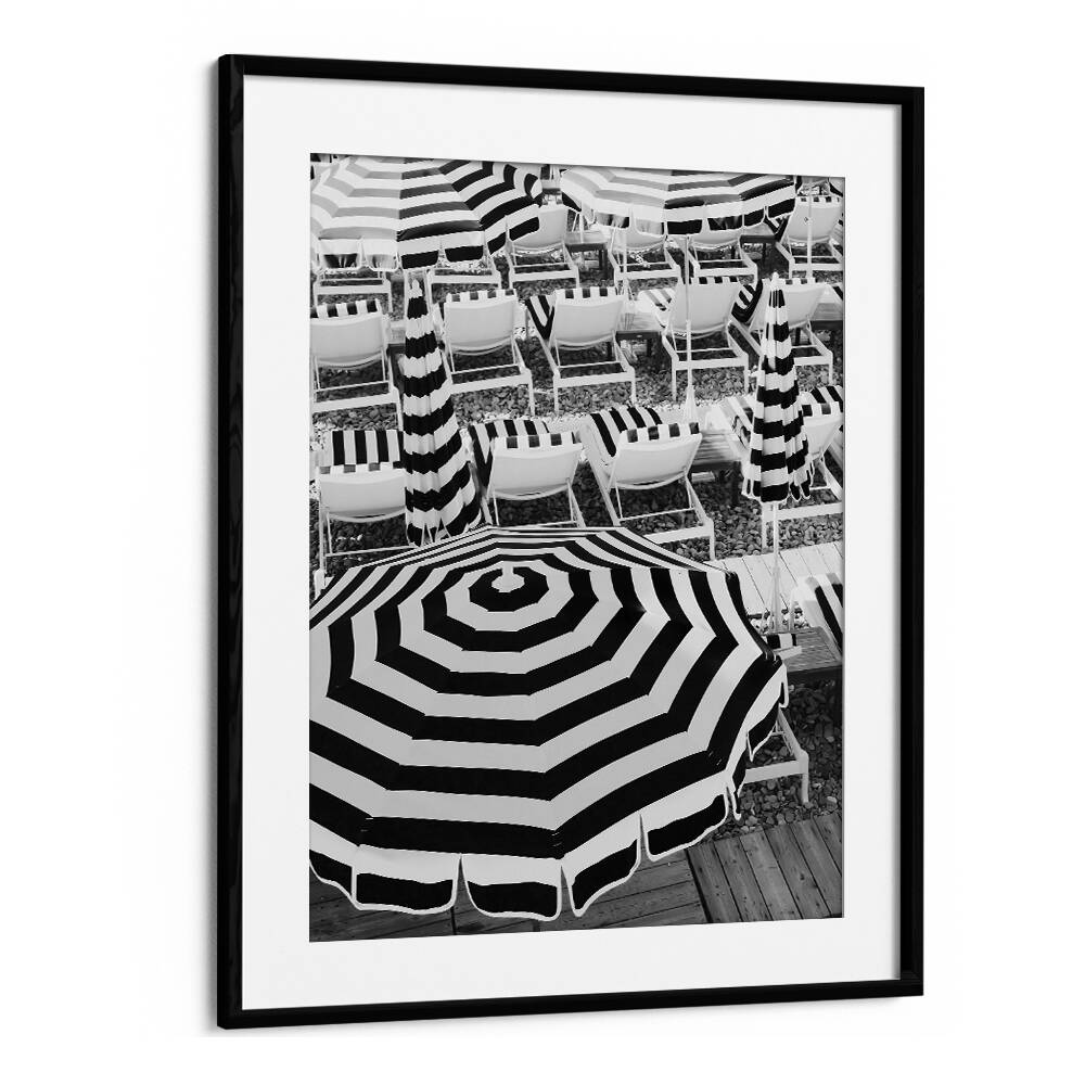 Black and White Beach Umbrellas I By Grace Digital Art Co Beach Prints in Black Frame With Mount