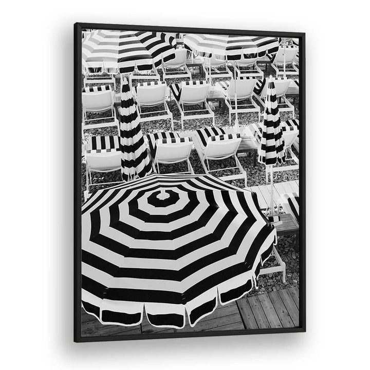 Black and White Beach Umbrellas I By Grace Digital Art Co Beach Prints in Black Plain Frame