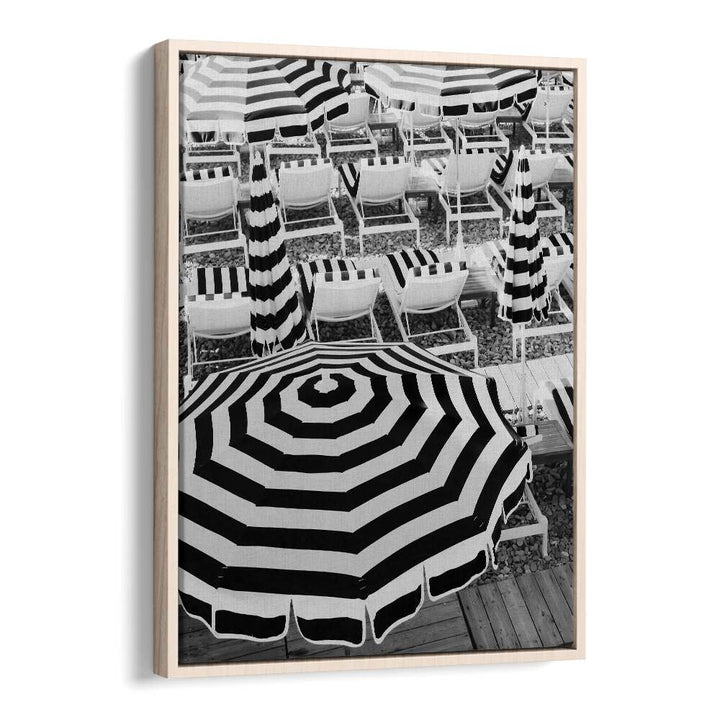 Black and White Beach Umbrellas I By Grace Digital Art Co Beach Prints in Oak Wood Floater Frame