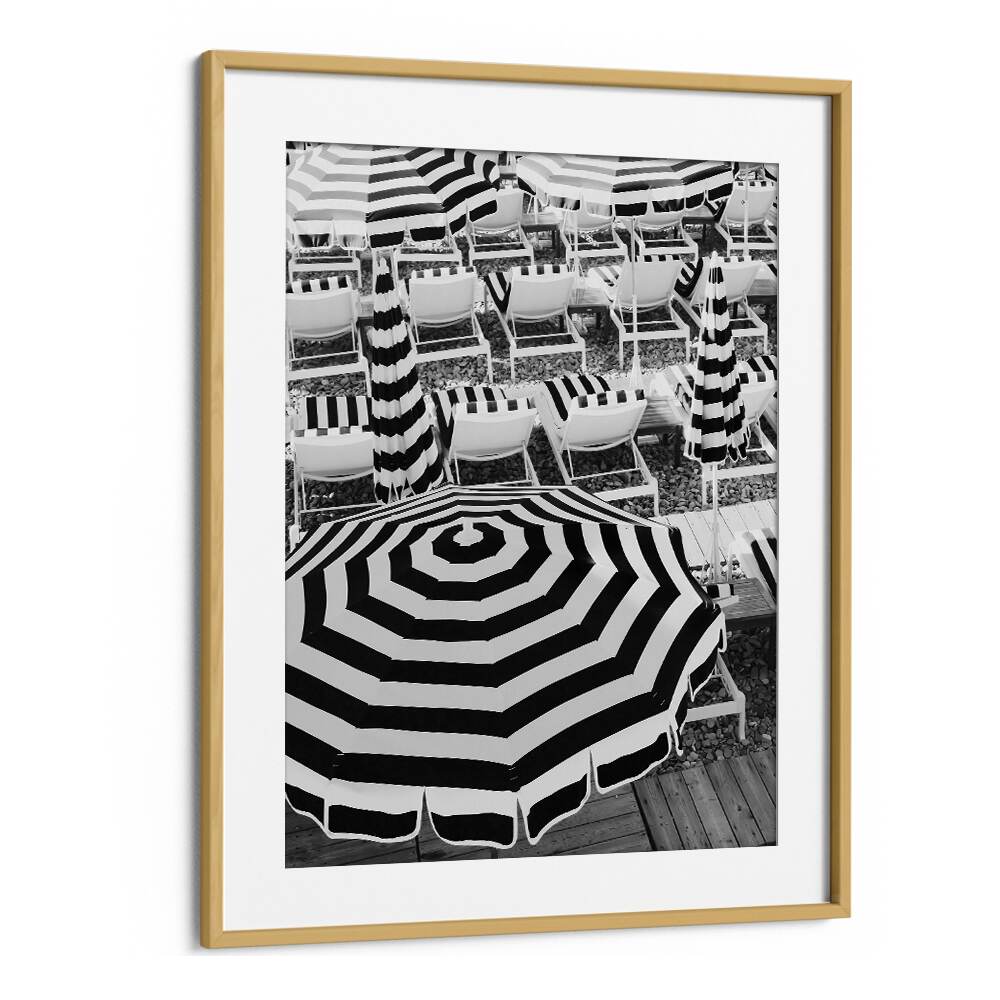 Black and White Beach Umbrellas I By Grace Digital Art Co Beach Prints in Oak Wood Frame With Mount