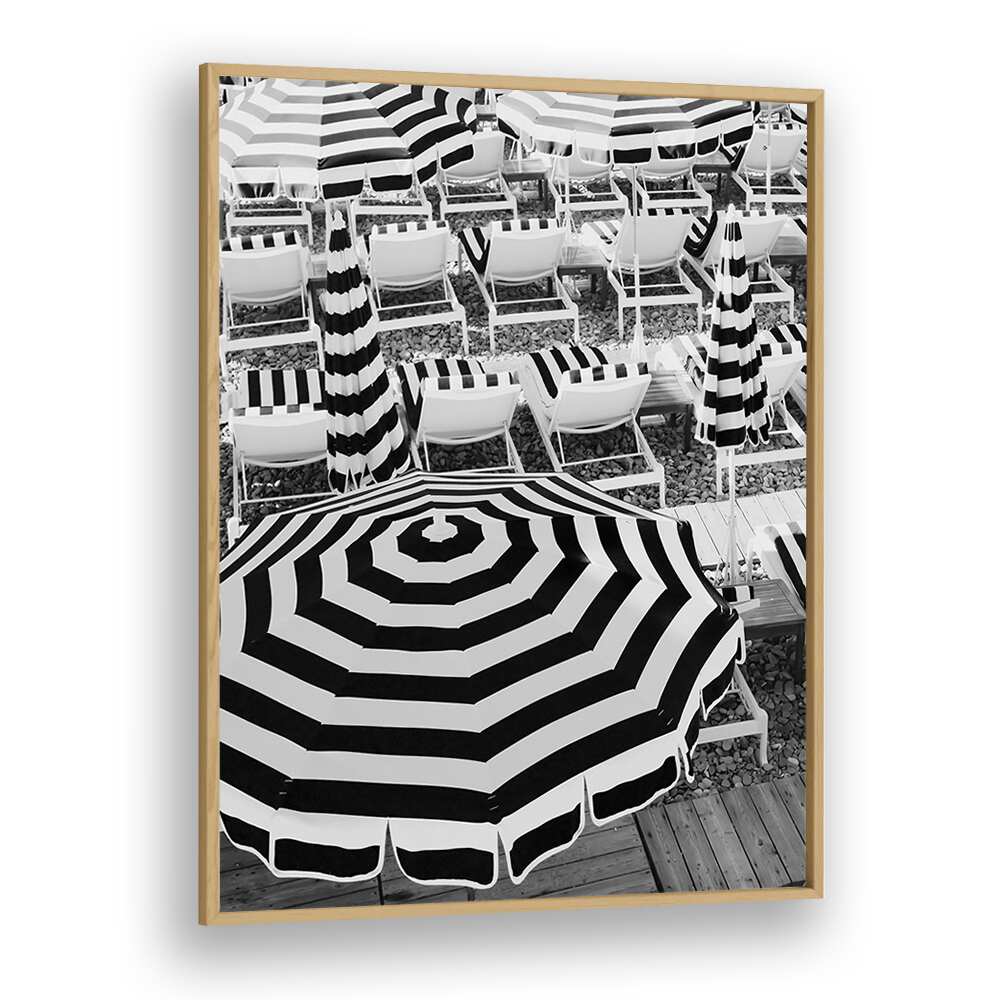 Black and White Beach Umbrellas I By Grace Digital Art Co Beach Prints in Oak Wood Plain Frame