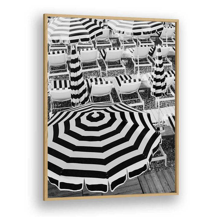 Black and White Beach Umbrellas I By Grace Digital Art Co Beach Prints in Oak Wood Plain Frame