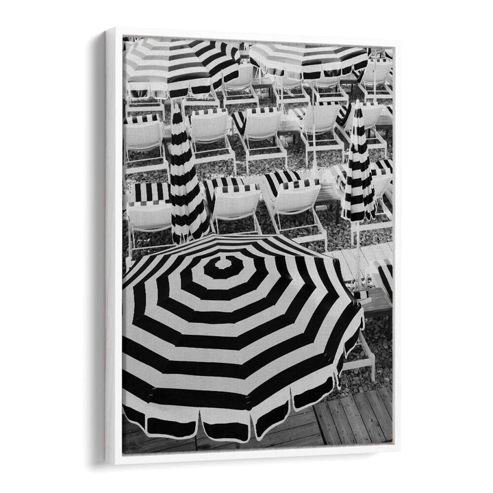 Black and White Beach Umbrellas I By Grace Digital Art Co Beach Prints in White Floater Frame