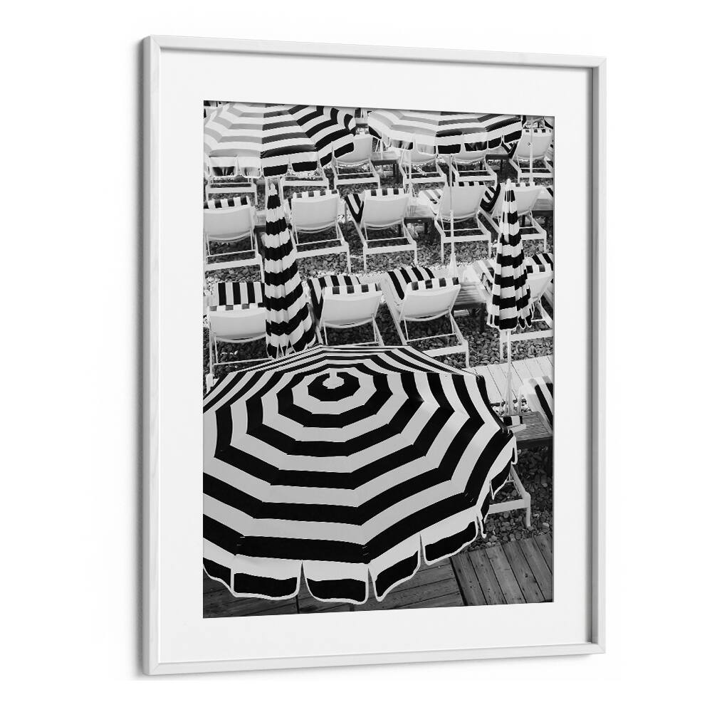 Black and White Beach Umbrellas I By Grace Digital Art Co Beach Prints in White Frame With Mount