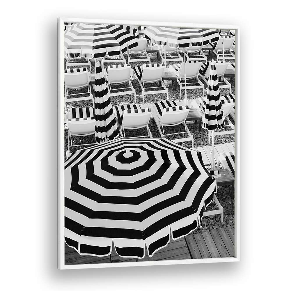 Black and White Beach Umbrellas I By Grace Digital Art Co Beach Prints in White Plain Frame