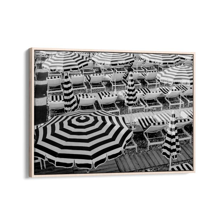 Black and White Beach Umbrellas II By Grace Digital Art Co Beach Prints in Oak Wood Floater Frame