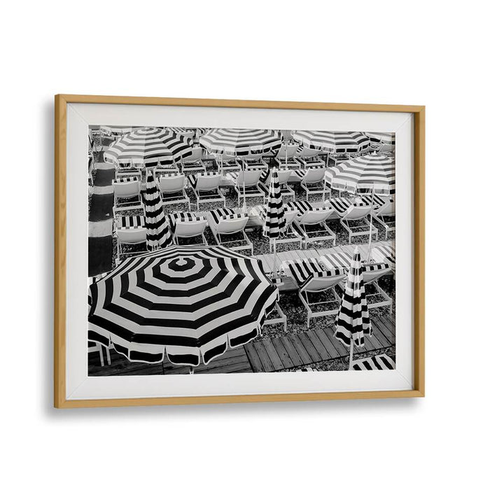 Black and White Beach Umbrellas II By Grace Digital Art Co Beach Prints in Oak Wood Frame With Mount