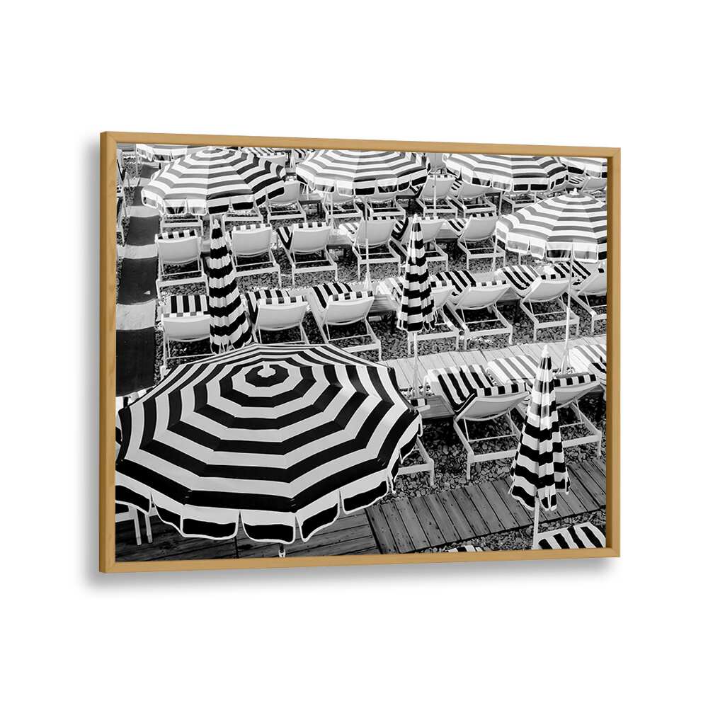 Black and White Beach Umbrellas II By Grace Digital Art Co Beach Prints in Oak Wood Plain Frame