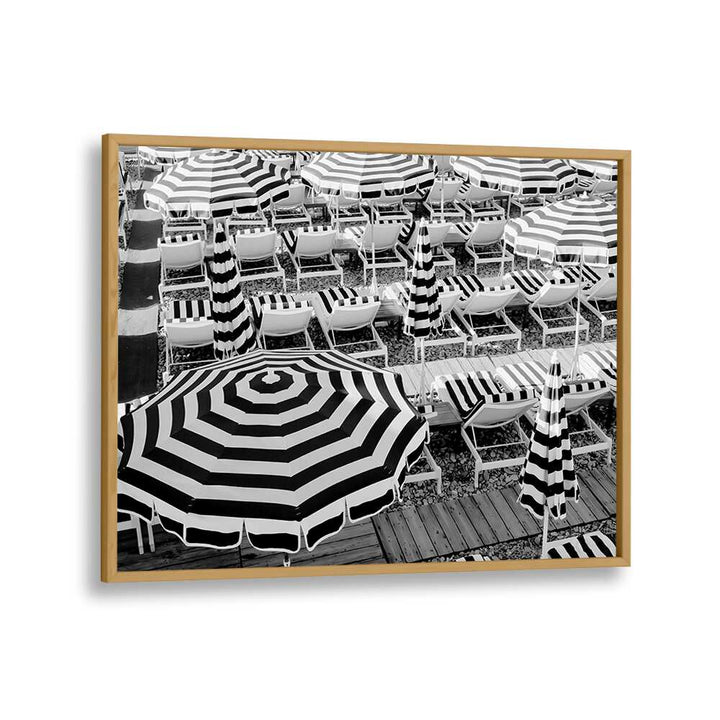 Black and White Beach Umbrellas II By Grace Digital Art Co Beach Prints in Oak Wood Plain Frame