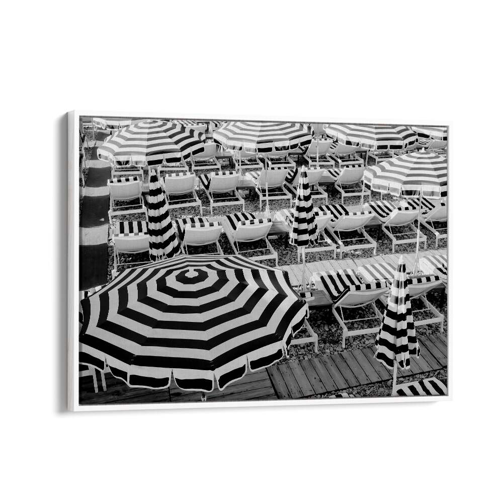 Black and White Beach Umbrellas II By Grace Digital Art Co Beach Prints in White Floater Frame