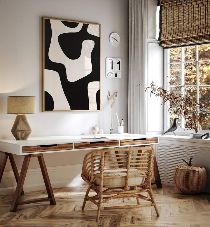 Black and White Pattern Stripes II Abstract Paintings Abstract Art Prints in Oak Wood Plain Frame placed on a White Colored Wall near a Study Table in a Workspace in the Drawing Room