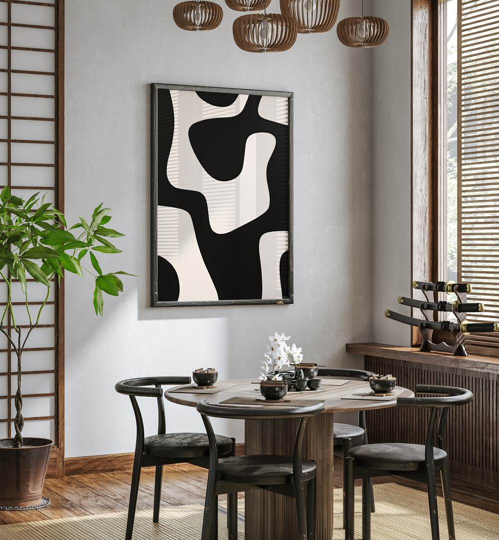 Black and White Pattern Stripes II Abstract Paintings Abstract Art Prints in Dark Wood Plain Frame placed on a White Colored Wall near a Coffee Table in the Dining Room