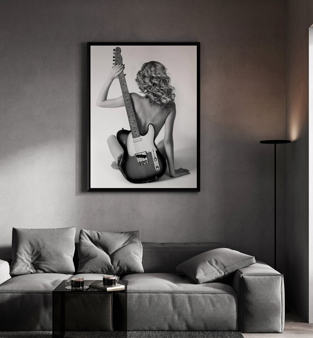 Blondie by David Drake Fine Art Photography Fashion Photography in Black Plain Frame placed on a living room wall behind a grey sofa 