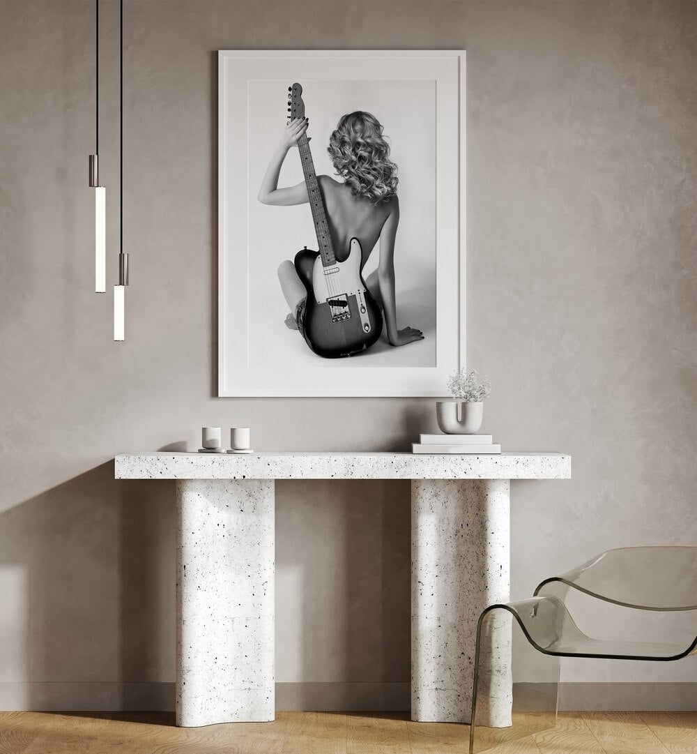 Blondie by David Drake Fine Art Photography Fashion Photography in White Frame With Mount placed on a wall behind a table