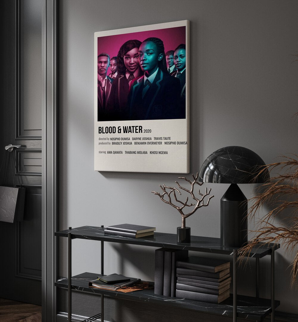 Blood Water 2020 Movie Posters in Gallery Wrap hanging on wall above console table beside door and window