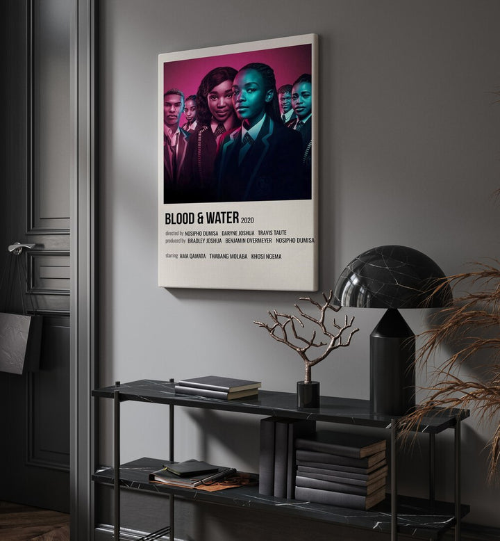 Blood Water 2020 Movie Posters in Gallery Wrap hanging on wall above console table beside door and window