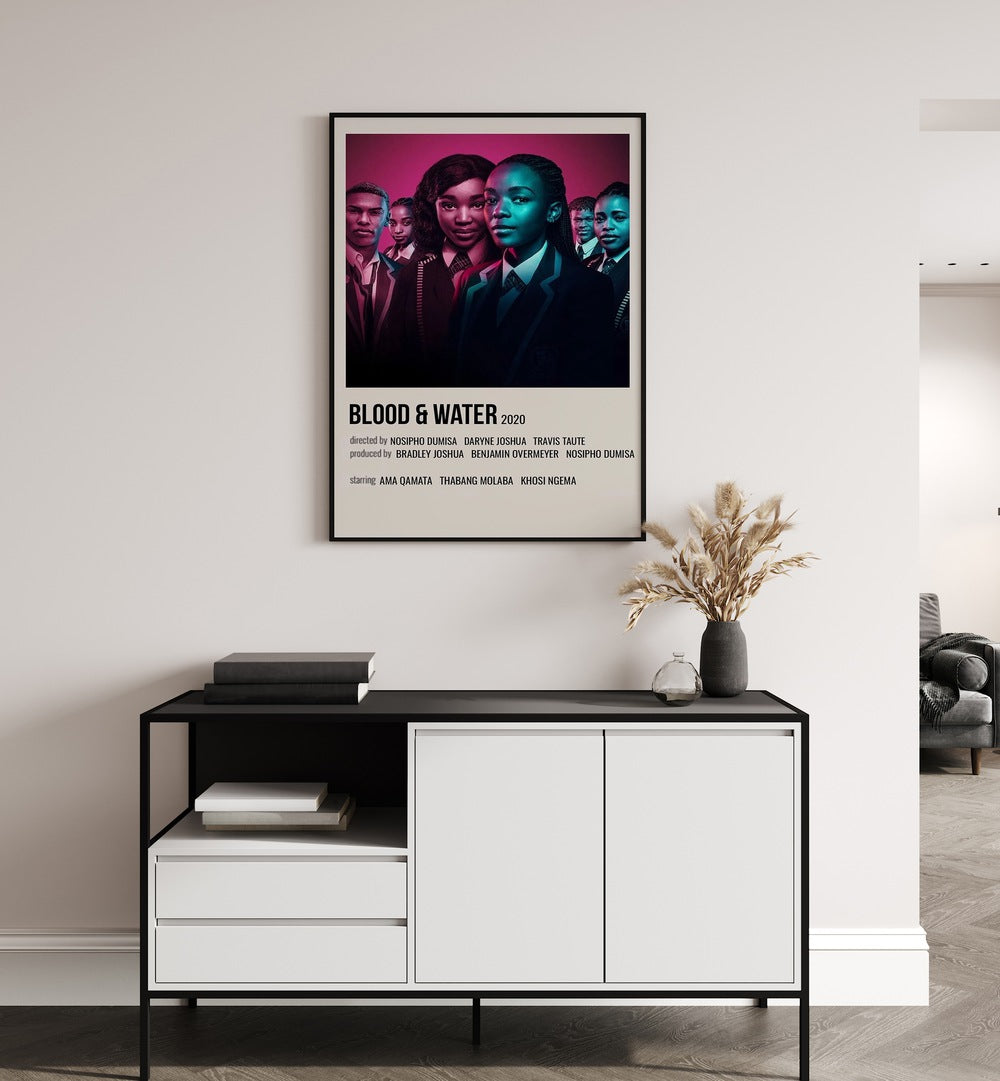 Blood Water 2020 Movie Posters in Black Plain Frame hanging on wall above console table