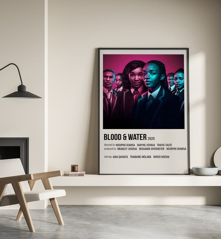 Blood Water 2020 Movie Posters in Black Plain Frame place on a wall behind a chair beside lamp