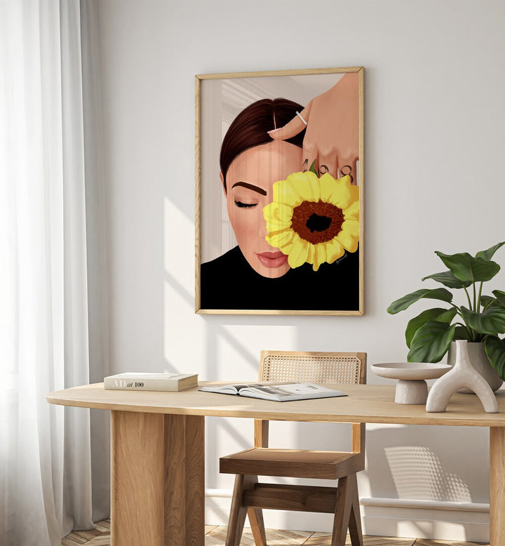 Bloom Portraits And Figurative Illustrations in Oak Wood Plain Frame placed on a Cream Colored Wall near a Workspace in the Drawing Room