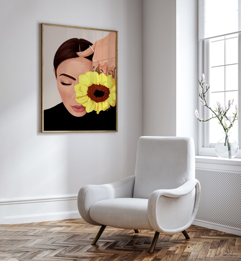 Bloom Portraits And Figurative Illustrations in Oak Wood Plain Frame placed on a White Colored Wall near a White Sofa Chair in the Drawing Room